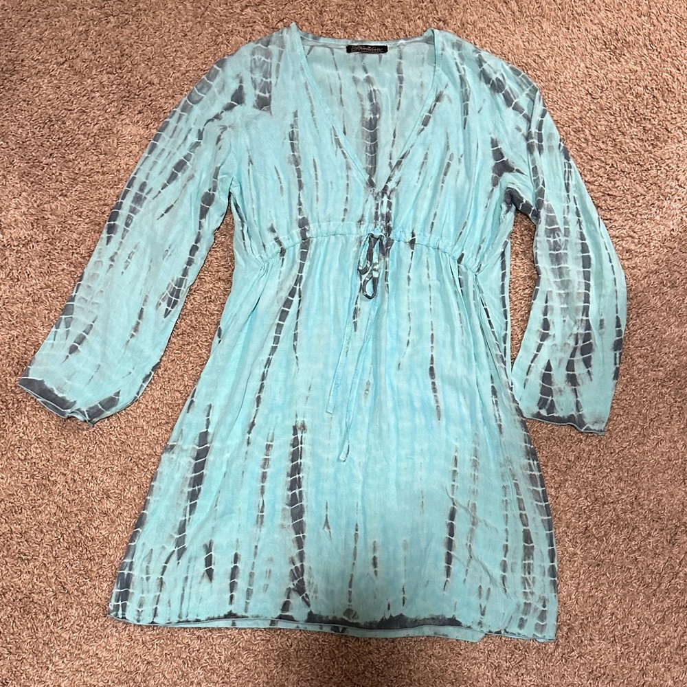 Brazilian Showroom Aqua Tie-Dye Tunic MIDI Dress Swimsuit CoverUp Long Sleeve